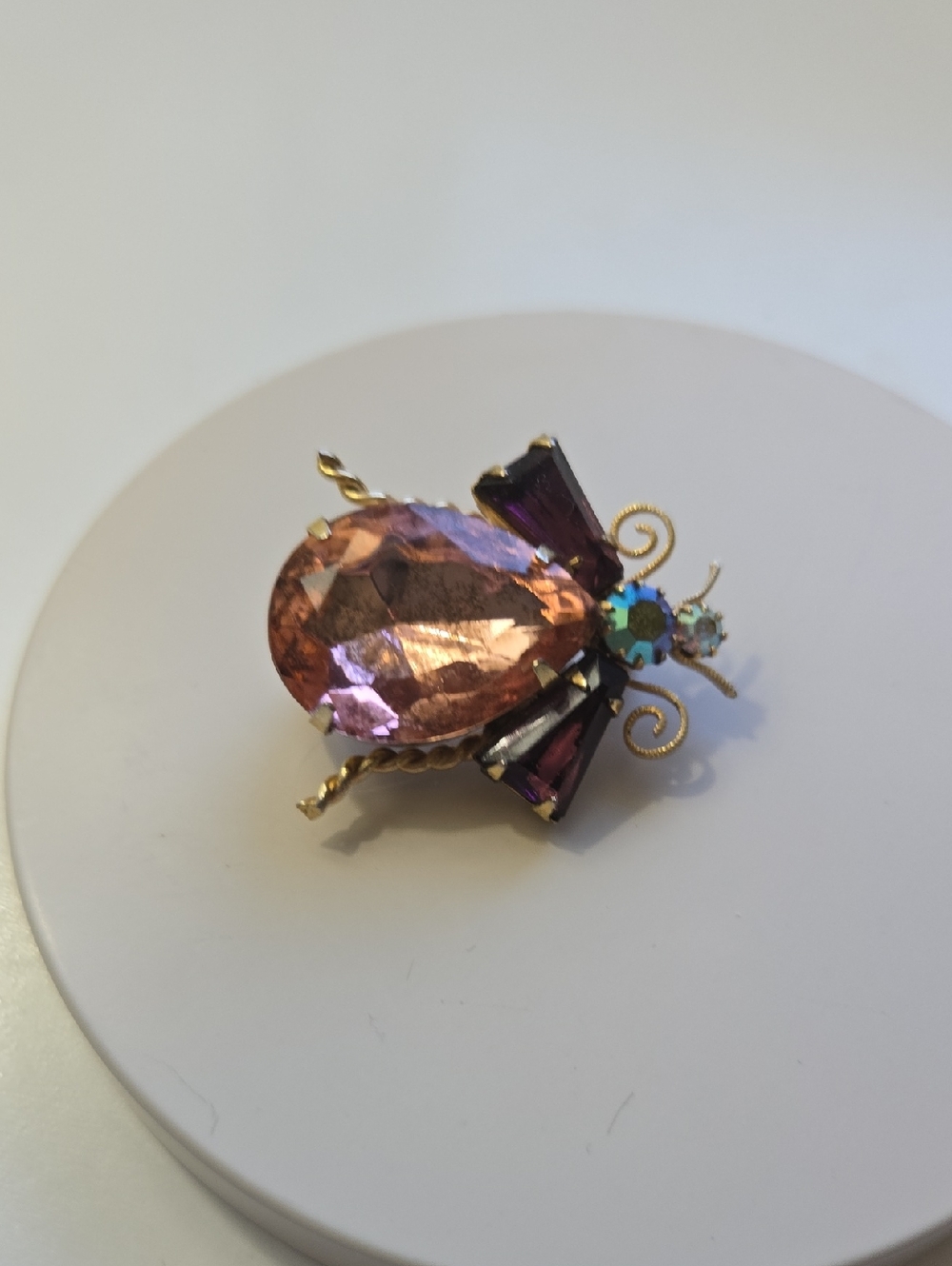 Vintage-Inspired Pink and Purple Crystal Bug Brooch
